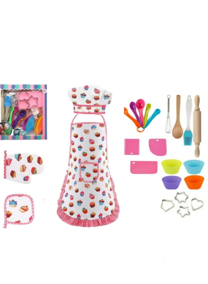 Cooking and Baking Set for Kids, Kids' Chef Role Play Costume Set, Toddler Chef Hat Apron Dress Up with Apron, Chef Hat, Mitt, Cookie Cutters and Utensil for Kids Aged 3+ Years - Image 1