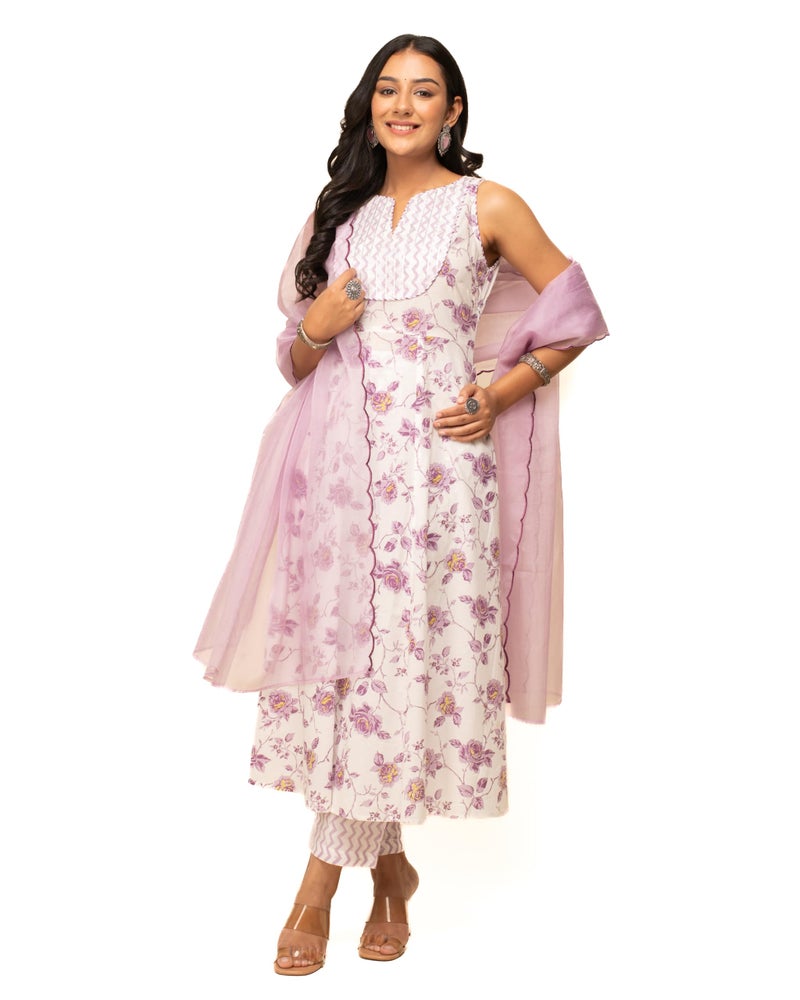 FIORRA Women's White Cotton A-line Kurta with Pant and Dupatta SET0128 - Image 1