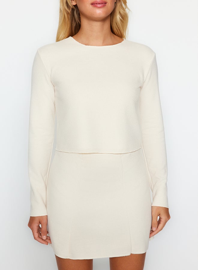 trendyol Beige Crew Neck Crop Knitted Blouse With A Thessaloniki/Knit Look  - Image 2
