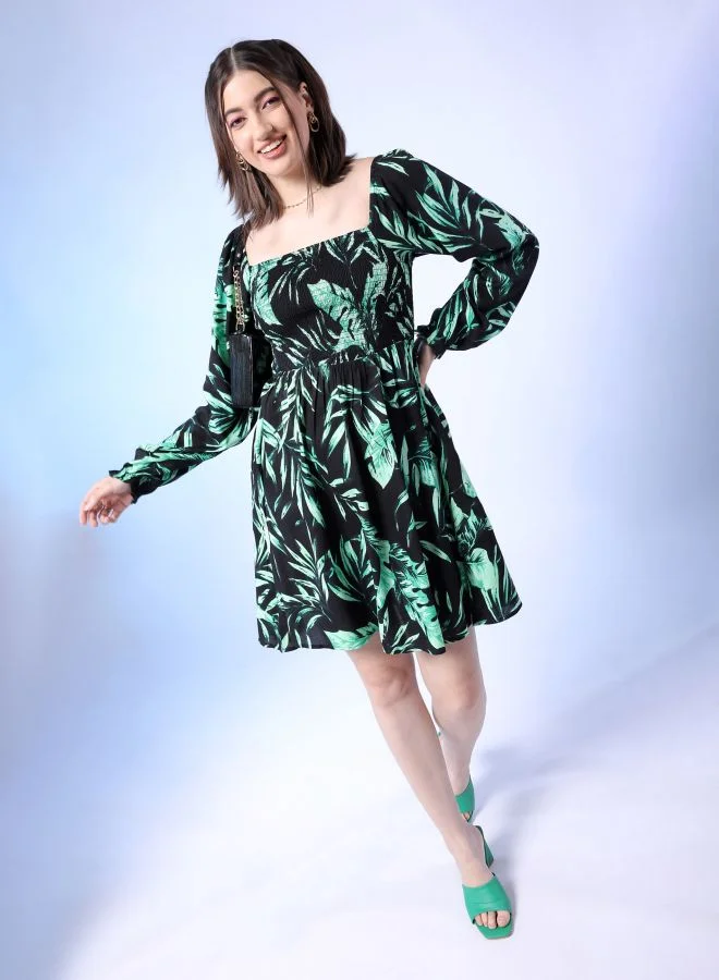 Freehand Women Fit and Flared Casual Tropical Print Square Neck Midi Dress