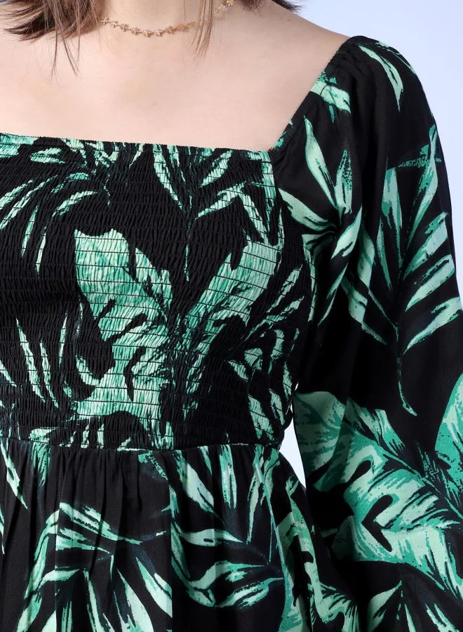 Freehand Women Fit and Flared Casual Tropical Print Square Neck Midi Dress