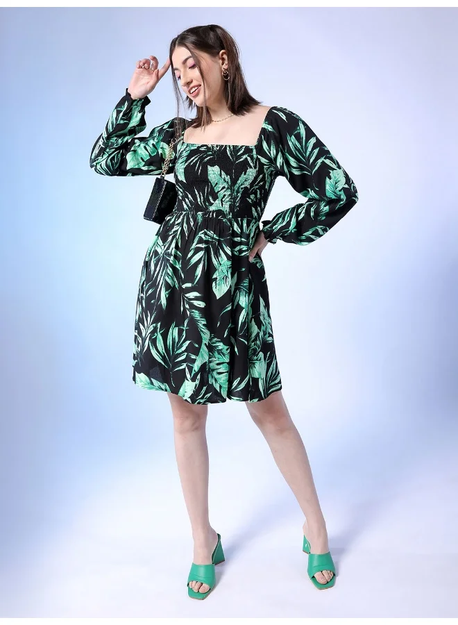 Freehand Women Fit and Flared Casual Tropical Print Square Neck Midi Dress