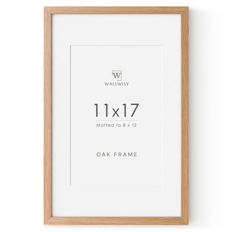 wallwisy 11x17 Oak Picture Frame, Solid Oak 11x17 Poster Frame with Mat to 8x12(Openning Size is 7.5x11.5), Natural Wood 17x11 Frames for Wall, Set of 1 - Image 1
