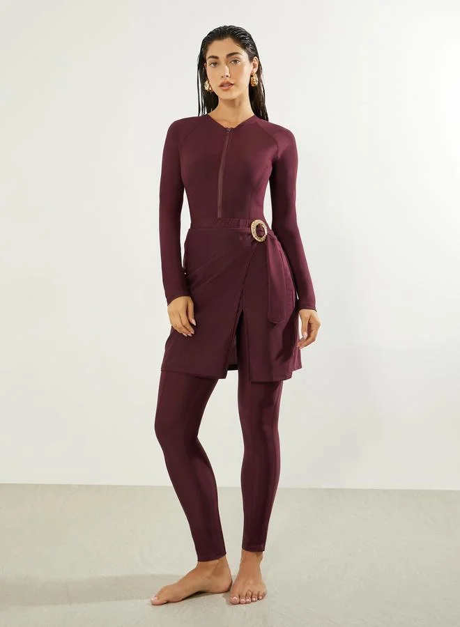 Styli Pack of 3 -  Raglan Full Sleeve Wet Suit with Half Zip, Wrap Skirt and Cap Burkini Set