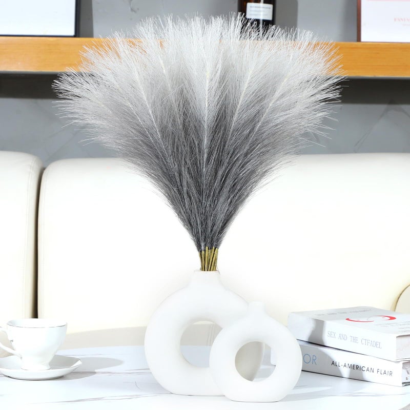 Ureymx Faux Pampas Grass Decor 177 Inch 30pcs Pompas Grass Flower Arrangement and Vase Filler Artificial Pampas Grass Short Decor for Boho Home Wedding Decoration Gradient Grey - Image 2