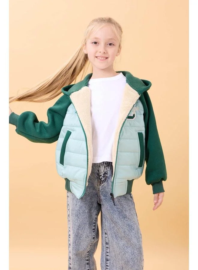 Perendi Girl's Plush-Lined Hooded Quilted College Jacket – Blue.