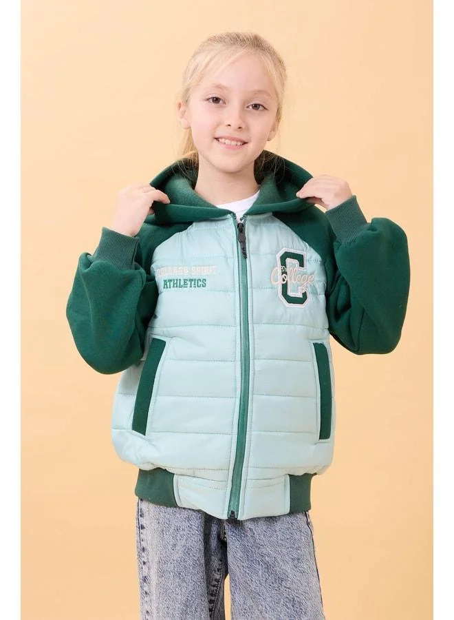 Perendi Girl's Plush-Lined Hooded Quilted College Jacket – Blue.