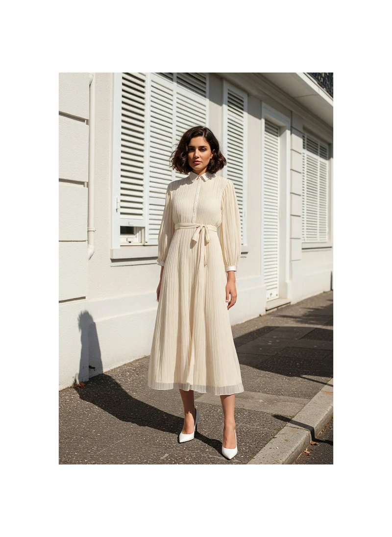 فاف Pleated Midi Dress with Collar and Tie-Up Belt