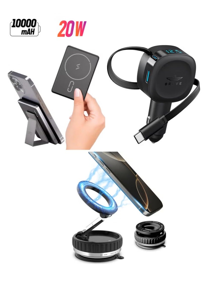 Car and Mobile Phone Accessory Bundle: 10,000mAh Magnetic Wireless Power Bank with 20W PD Fast Charging and 15W Wireless Charging, 60W Retractable Car Charger with Built-in 30W USB-C Cable (80cm Long), Fast Charging Adapter with LED Display (2 USB-C Ports + 1 USB-A Port), MagSafe Compatible Magnetic Car Phone Holder - Strong N52 Magnet, 360° Rotatable, Foldable with Suction Cup Base for Dashboard and Windshield