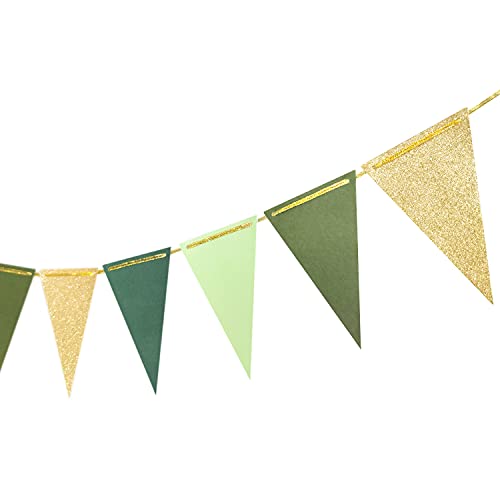 Letjolt Green Triangle Banner Decoration Golden Greenery Party Supplies Bunting Signs for Birthday Nursery Anniversary Decoration Graduation Flags 15 pcs 10 Feet - Image 1