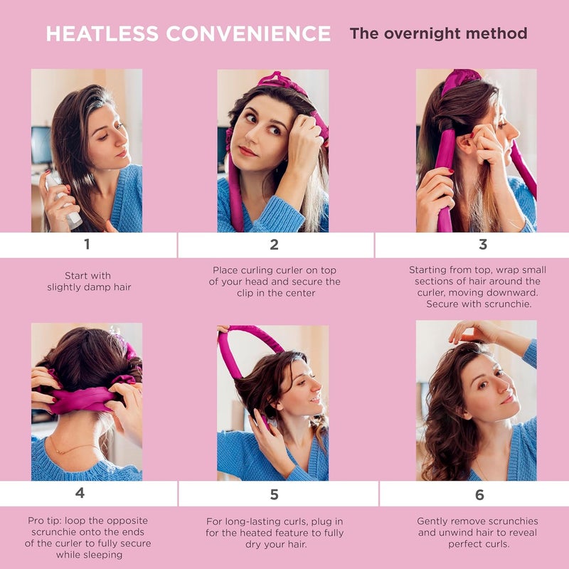 Conair 2in1 Heat  Heatless Hair Curler  HeatHeatless Curling Set Includes Satin Curling Ribbon Claw Clip 2 Scrunchies USB Cord and Satin Pouch - Image 4