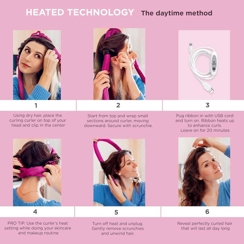 Conair 2in1 Heat  Heatless Hair Curler  HeatHeatless Curling Set Includes Satin Curling Ribbon Claw Clip 2 Scrunchies USB Cord and Satin Pouch - Image 5