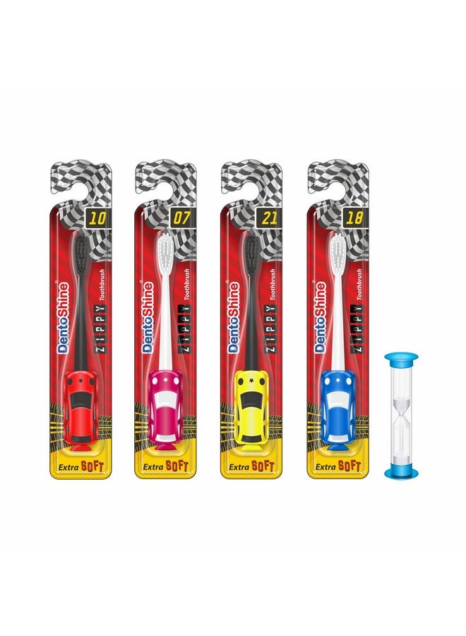 DentoShine Zippy Extra Soft Toothbrush For Kids (Ages 3+) (Red Pink Yellow Blue With 2 Min Manual Timer Pack Of 4 Designs) - Image 1
