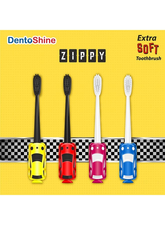 DentoShine Zippy Extra Soft Toothbrush For Kids (Ages 3+) (Red Pink Yellow Blue With 2 Min Manual Timer Pack Of 4 Designs) - Image 2
