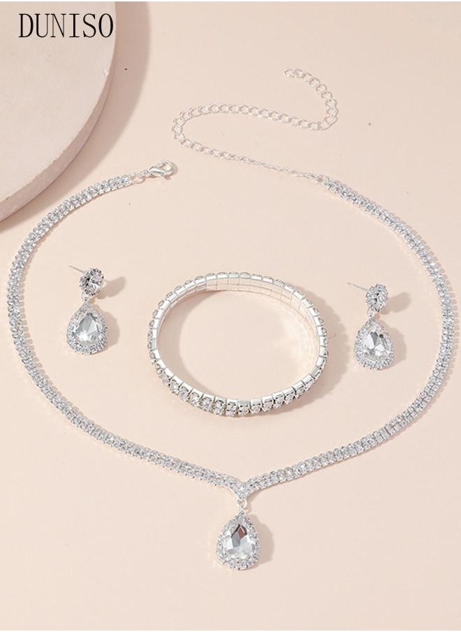 DUNISO - 3Piece Necklace Bracelet and Earrings Set Full Diamond Necklace Pendant Crystal Earrings Wedding Bridal Bridesmaid Costume Jewelry Set for Women and Girls Dress Accessories - Image 1