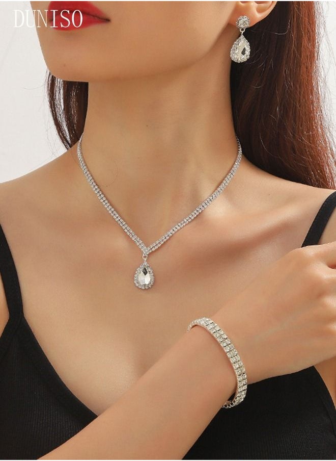 DUNISO - 3Piece Necklace Bracelet and Earrings Set Full Diamond Necklace Pendant Crystal Earrings Wedding Bridal Bridesmaid Costume Jewelry Set for Women and Girls Dress Accessories - Image 1