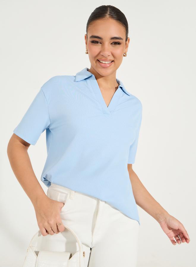 Styli Rib Regular Fit Collared Neck Polo T-Shirt  - Image 1