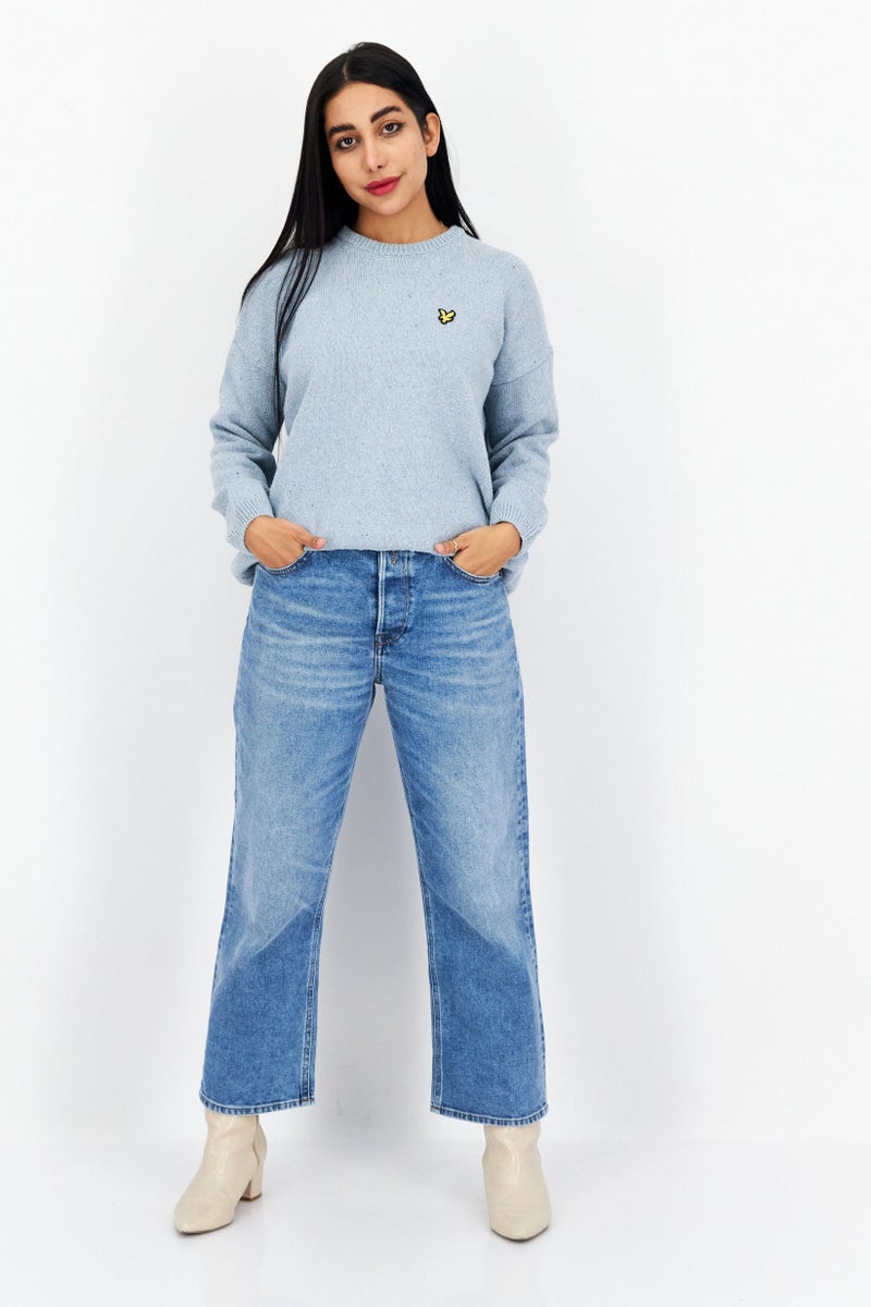 Lyle & Scott Women Crew Neck Long Sleeve Embroidered Logo Sweater, Light Blue - Image 2
