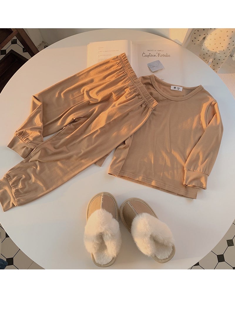Loquat Kids Solid Color Pajama Set Cotton Soft Base Layer Top & Mid-Waist Bottom Children's Underwear Set Brown 