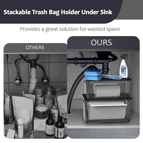 COAZEX 2 Pack Trash Bag Holder Under Sink Stackable, Plastic Garbage Bag Dispenser with Lid, Trash Bag Storage Dispenser Roll Holder for Kitchen, Pantry, Laundry Room Organization (Black) - Image 5