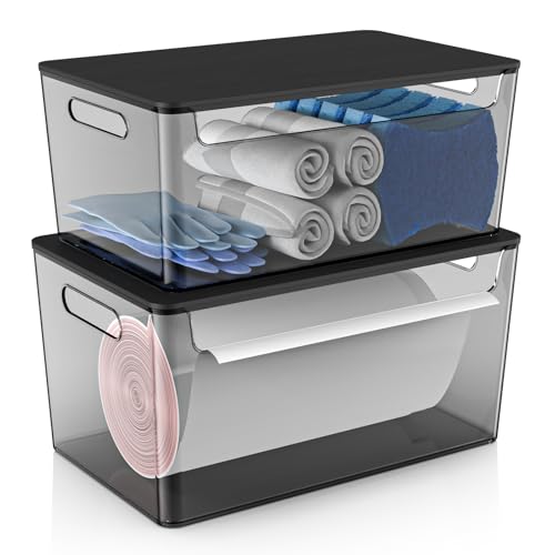 COAZEX 2 Pack Trash Bag Holder Under Sink Stackable, Plastic Garbage Bag Dispenser with Lid, Trash Bag Storage Dispenser Roll Holder for Kitchen, Pantry, Laundry Room Organization (Black) - Image 1