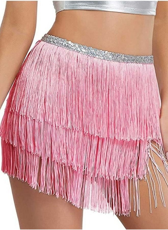 Loquat - Fringe Waist Chain Skirt Belly Dance Tassel Waist Wrap Belt Skirts Party Rave Costume Pink - Image 1