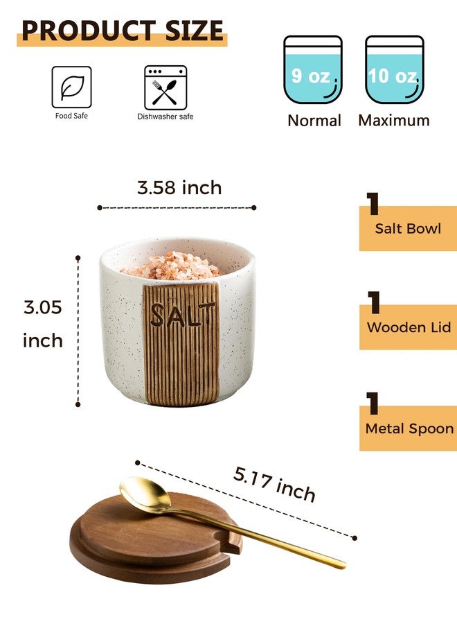 YHOJOY Salt Container for Countertop, Ceramic Salt Cellar with Lid and Spoons, 10 OZ Salt Bowl Holder, White - Image 2