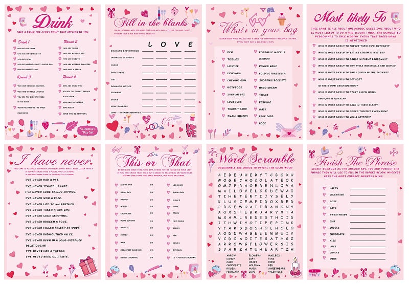 MixTeach 72 Pack Valentineâ€™s Day Party Game Cards, 8 Designs for 9 Players Valentine Love Question Cards 5 x 7 in for Couples, Friends, Party Games & Valentine Activities, Bachelorette Party Favors - Image 1