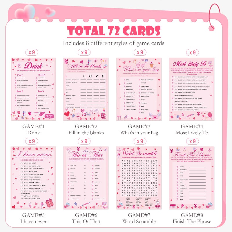 MixTeach 72 Pack Valentineâ€™s Day Party Game Cards, 8 Designs for 9 Players Valentine Love Question Cards 5 x 7 in for Couples, Friends, Party Games & Valentine Activities, Bachelorette Party Favors - Image 3