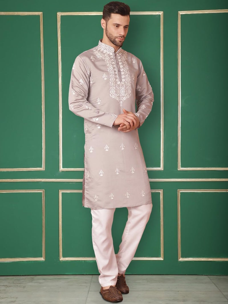 Jompers Men's Grey Chikankari Embroidered Kurta Only (Grey, M) - Image 4