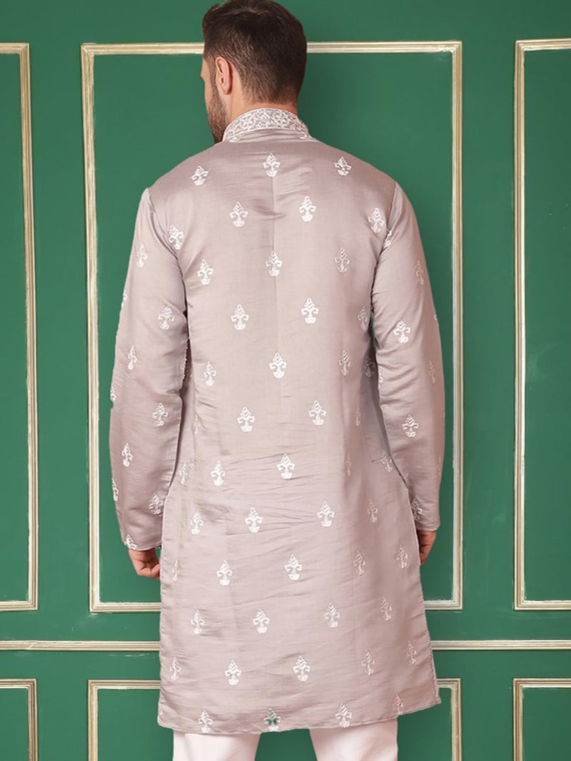 Jompers Men's Grey Chikankari Embroidered Kurta Only (Grey, M) - Image 2