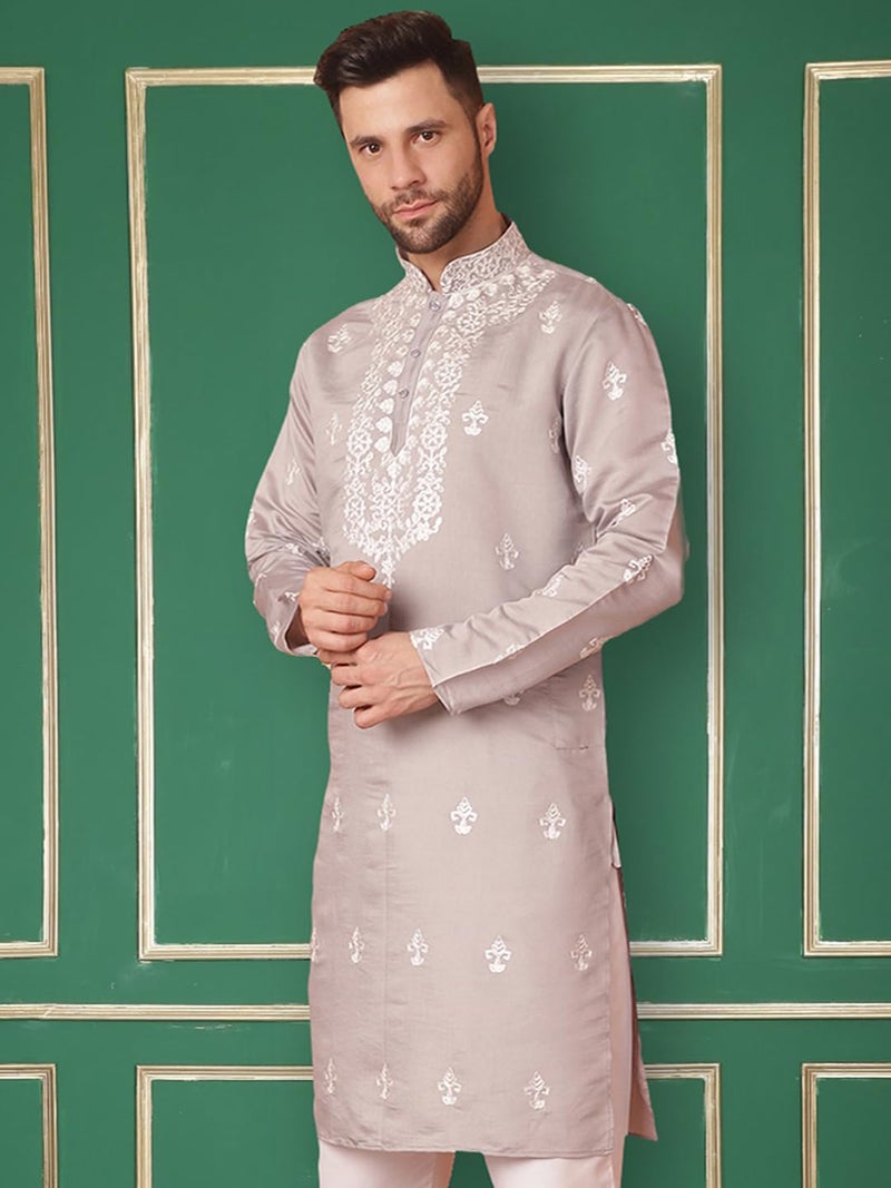 Jompers Men's Grey Chikankari Embroidered Kurta Only (Grey, M) - Image 3