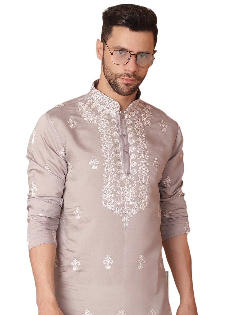 Jompers Men's Grey Chikankari Embroidered Kurta Only (Grey, M) - Image 1