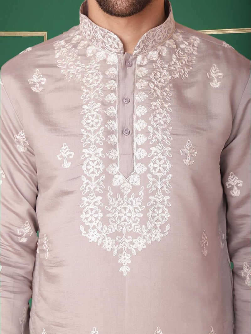 Jompers Men's Grey Chikankari Embroidered Kurta Only (Grey, M) - Image 5