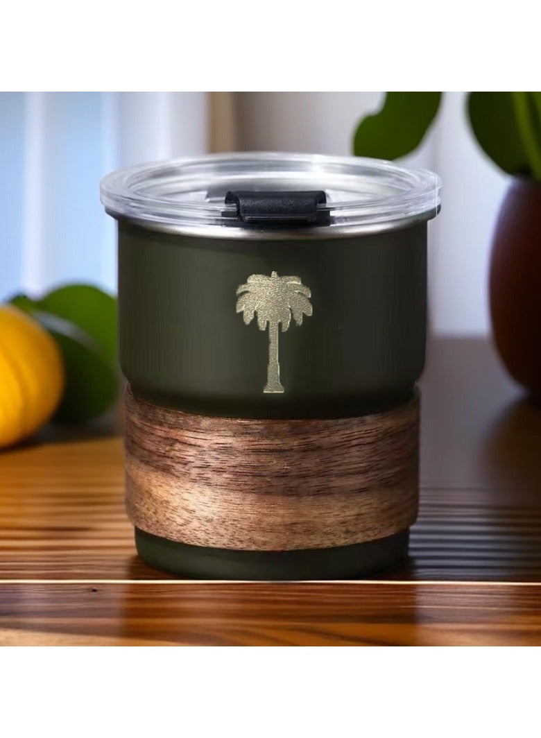 ح واحة 304 كوب مشروبات باردة من الفولاذ المقاوم للصدأ - تصميم بشعار سعودي، كوب قهوة محمول للمشروبات الساخنة والباردة، يتضمن قشة وغطاء مقاوم للحرارة للمنزل والتخييم في الهواء الطلق (أخضر، 300 مل) - Image 3