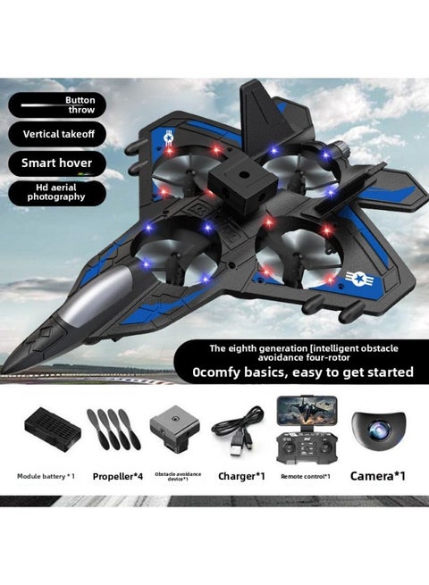 Four-rotor Remote Control Aircraft Obstacle Avoidance Foam Fighter Children Fixed-wing Drone Toy Aircraft With Lights-Color:Zy-906 Blue Aerial Photography Version + Obstacle Avoidance + Fixed Height + Lanterns