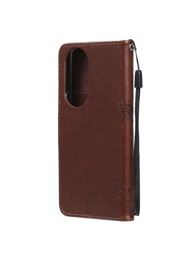 Zaboon Case For Huawei P50 Tree & Cat Pattern Pressed Printing Horizontal Flip PU Leather Case with Holder & Card Slots & Wallet & Lanyard - Image 3