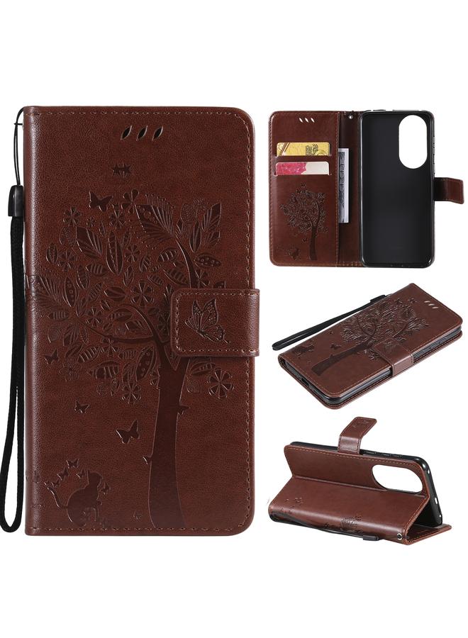 Zaboon Case For Huawei P50 Tree & Cat Pattern Pressed Printing Horizontal Flip PU Leather Case with Holder & Card Slots & Wallet & Lanyard - Image 1