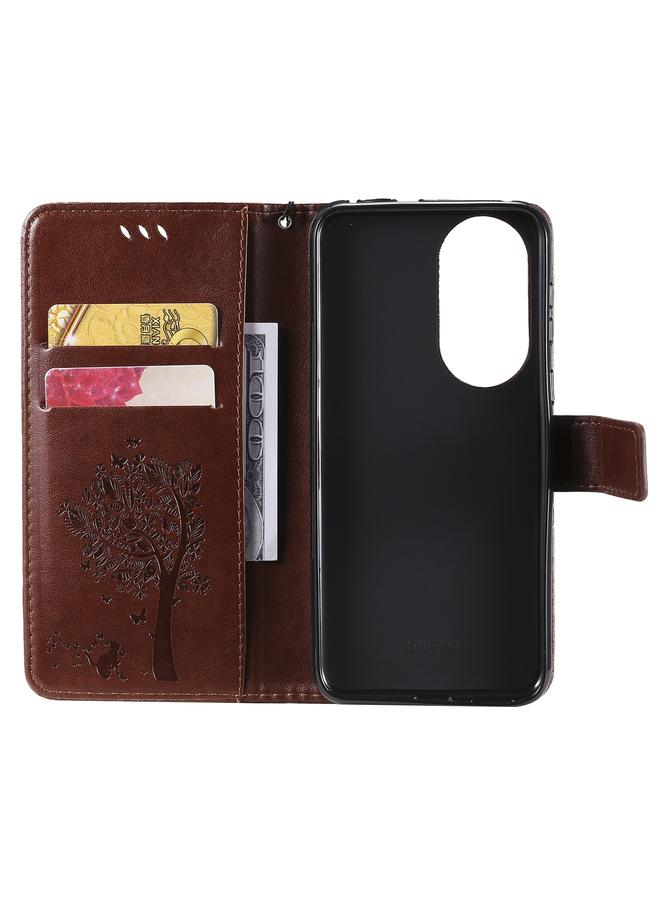 Zaboon Case For Huawei P50 Tree & Cat Pattern Pressed Printing Horizontal Flip PU Leather Case with Holder & Card Slots & Wallet & Lanyard - Image 4