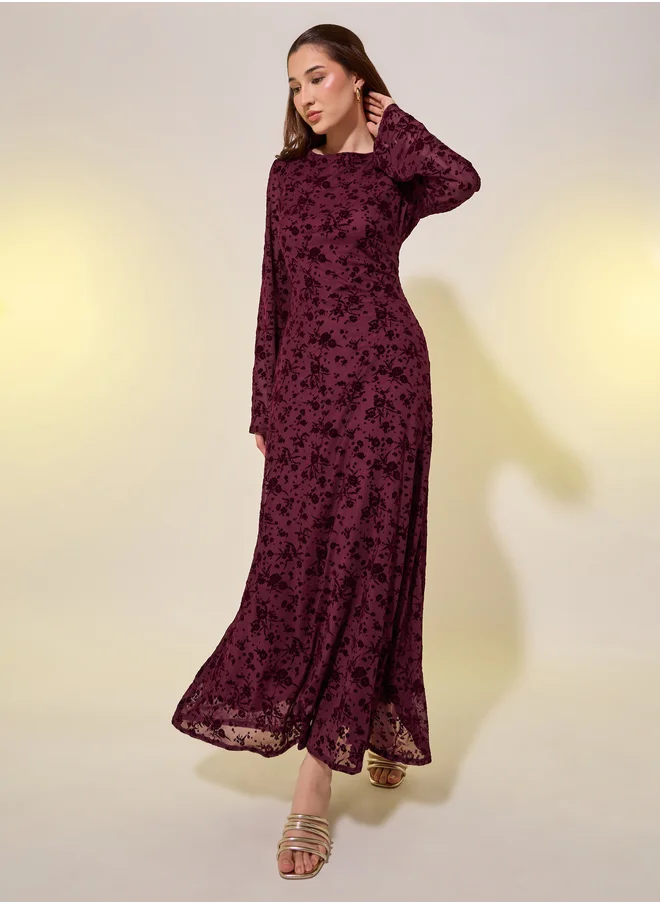 Take Two Floral Burnout Jacquard Long Sleeves A-Line Maxi Dress