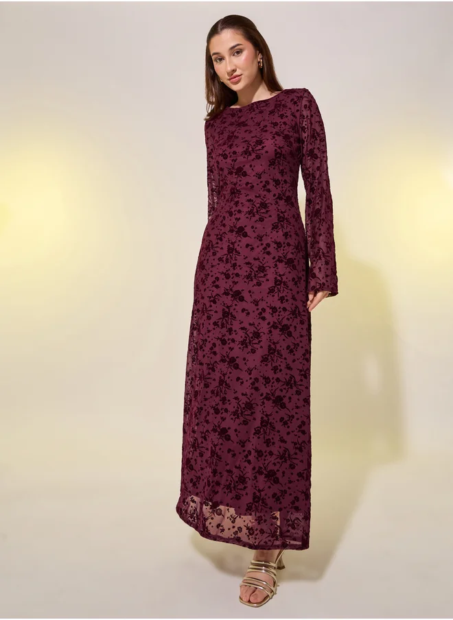 Take Two Floral Burnout Jacquard Long Sleeves A-Line Maxi Dress