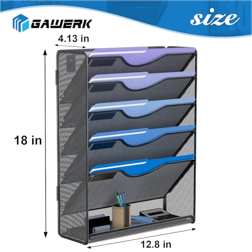 Gawerk 6 Tier Hanging File Organizer, Mesh Wall File Holder Paper Folder Rack with Bottom Flat Tray for Office Home, Black - Image 2