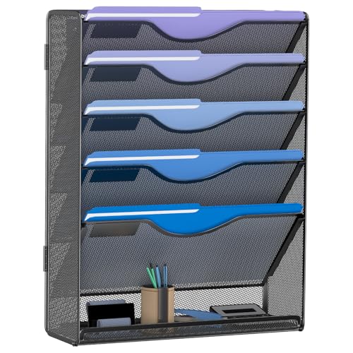 Gawerk 6 Tier Hanging File Organizer, Mesh Wall File Holder Paper Folder Rack with Bottom Flat Tray for Office Home, Black - Image 1