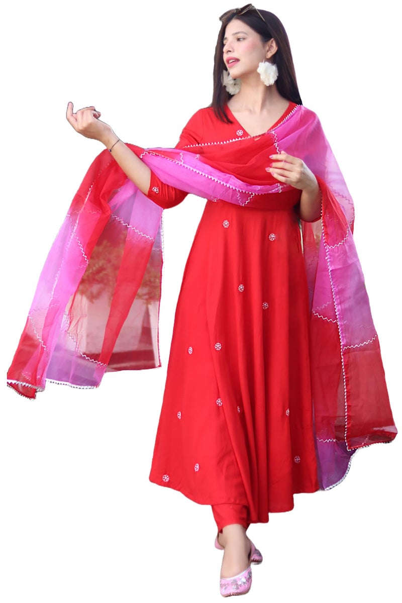 GoSriKi Women's Cotton Blend Anarkali Embroidered Kurta with Pant & Dupatta (GSK-RED-GS_XL_Red_X-Large) - Image 1