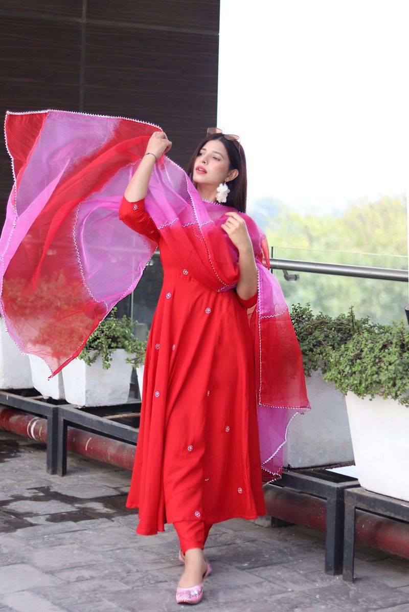 GoSriKi Women's Cotton Blend Anarkali Embroidered Kurta with Pant & Dupatta (GSK-RED-GS_XL_Red_X-Large) - Image 3