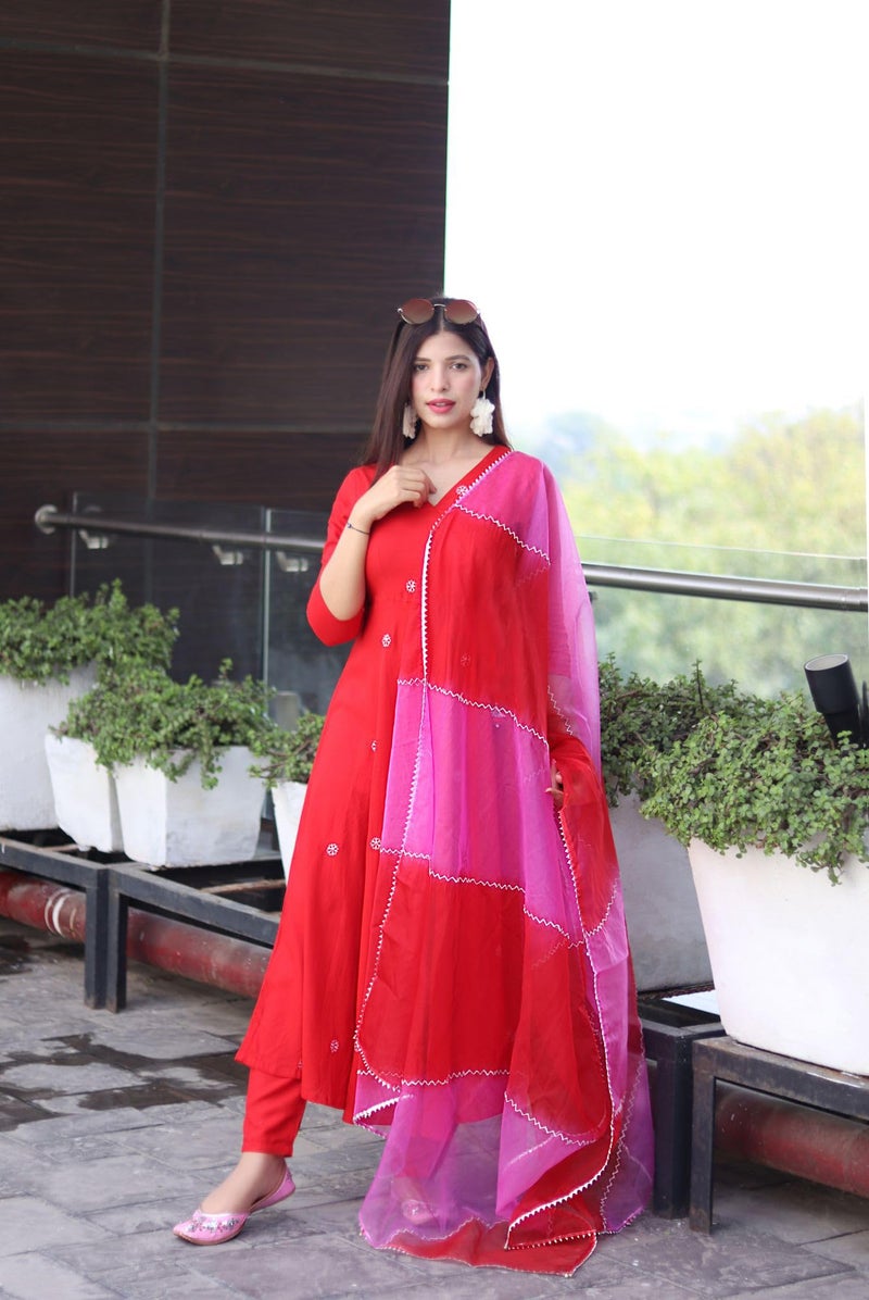 GoSriKi Women's Cotton Blend Anarkali Embroidered Kurta with Pant & Dupatta (GSK-RED-GS_XL_Red_X-Large) - Image 2
