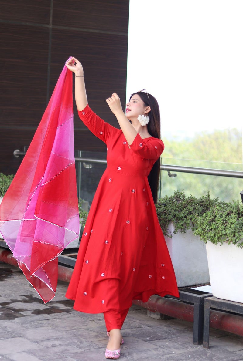 GoSriKi Women's Cotton Blend Anarkali Embroidered Kurta with Pant & Dupatta (GSK-RED-GS_XL_Red_X-Large) - Image 4