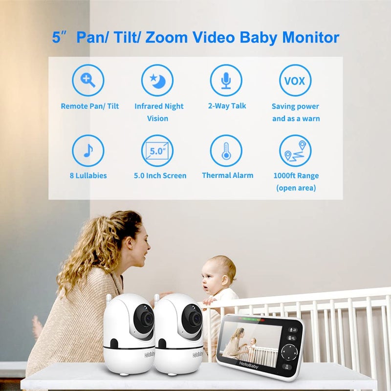هالو بيبي جهاز مراقبة الأطفال HelloBaby 5 مع بطارية تدوم 26 ساعة وكاميرتين قابلة للإمالة والتكبير/التصغير بمدى 1000 قدم وصوت فيديو ومراقبة الأطفال بدون شبكة WiFi VOX رؤية ليلية ثنائية الاتجاه و8 لغات وبحث في سجل الأطفال - Image 2