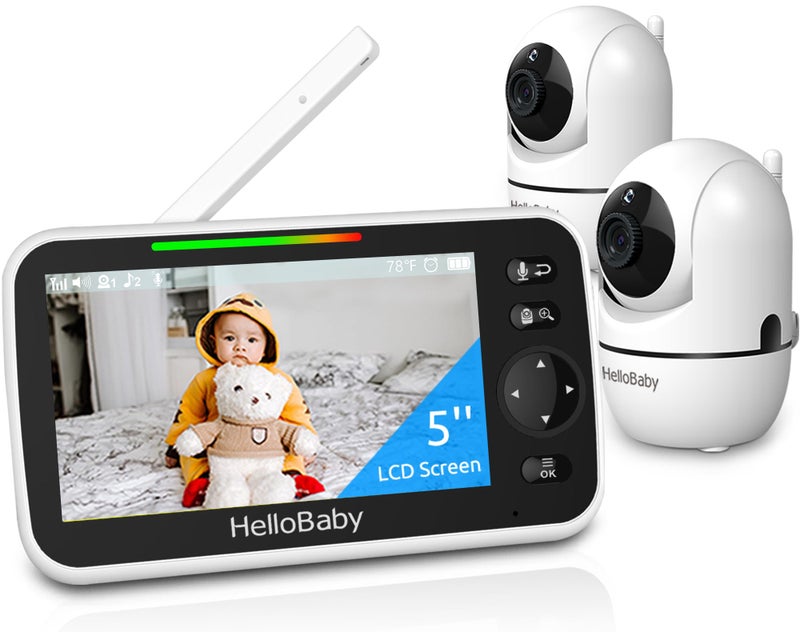 هالو بيبي جهاز مراقبة الأطفال HelloBaby 5 مع بطارية تدوم 26 ساعة وكاميرتين قابلة للإمالة والتكبير/التصغير بمدى 1000 قدم وصوت فيديو ومراقبة الأطفال بدون شبكة WiFi VOX رؤية ليلية ثنائية الاتجاه و8 لغات وبحث في سجل الأطفال - Image 1