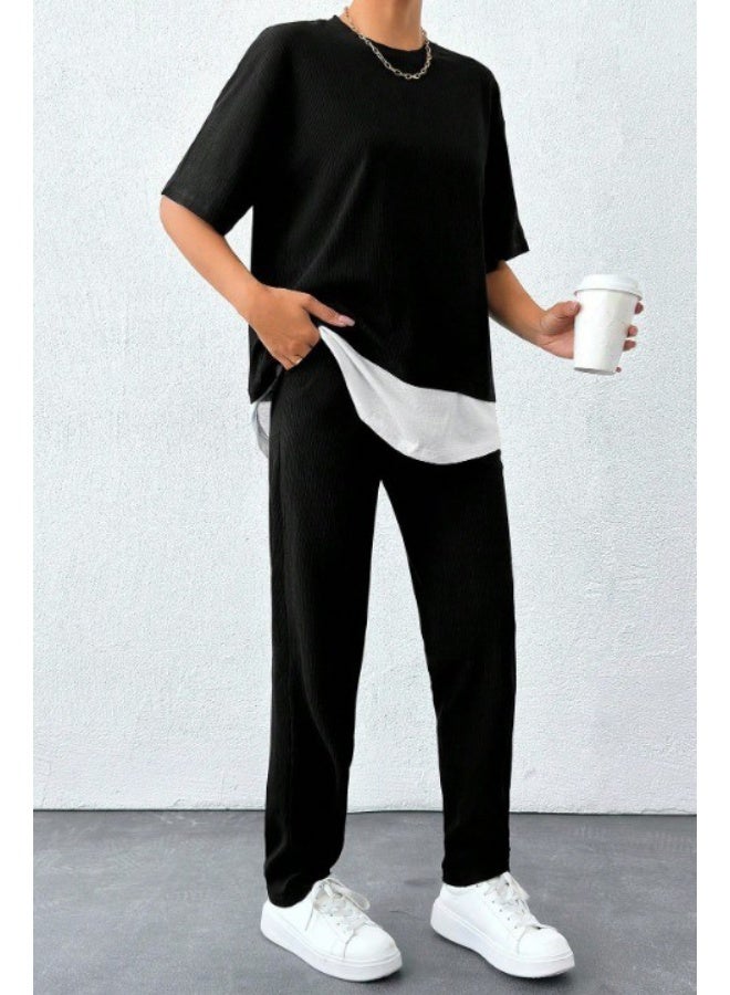 Women's Crew Neck Undershirt Detail Wrinkled Fabric Double Suit  - Image 1